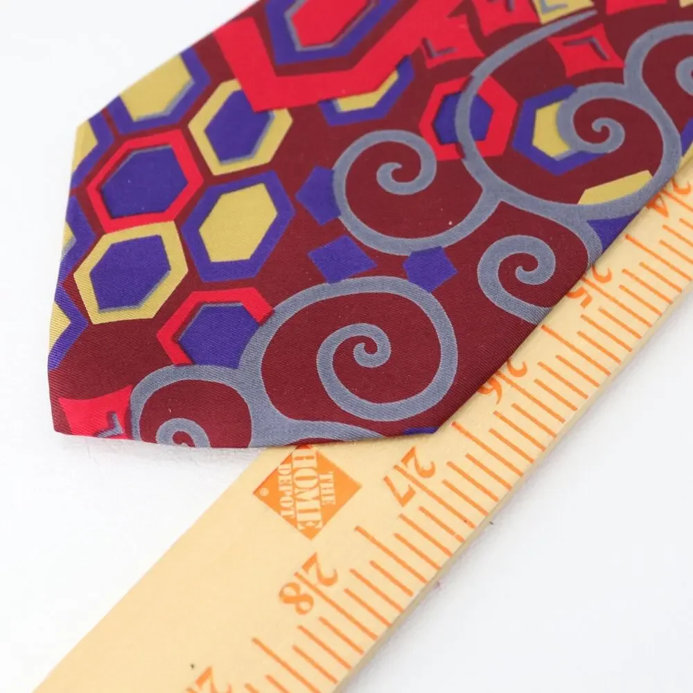 Vtg Geoffrey Beene Silk Tie Men 56 in Red Bright Multicolor Geo Abstract Wide